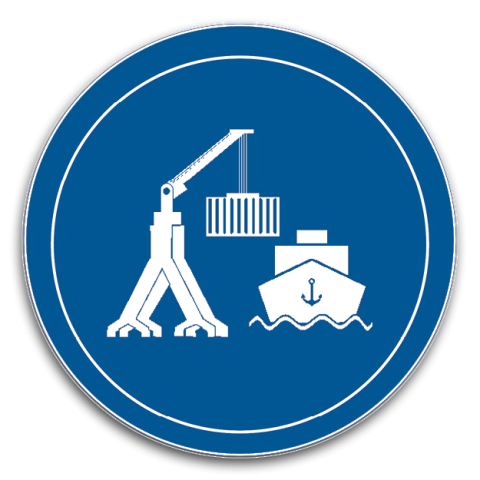 A crane and ship icon on a blue button